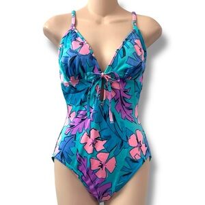 Vintage 70s/ 80s One Piece Tropical Print Bathing Suit  Swimsuit sz 36 / Small